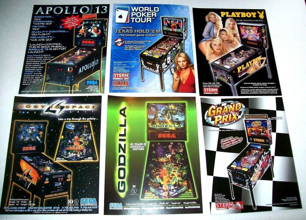 Pinball Machine Flyers (6) Playboy Apollo 13 Godzilla Grand Prix Stern Apollo 13